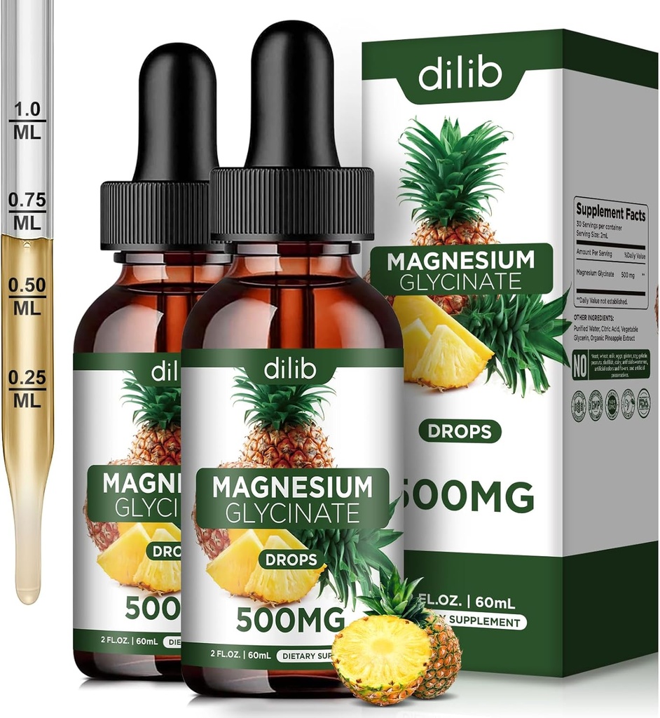 (2 Pack) Magnesium Glycinate Supplement, Liquid Magnesium Glycinate Liquid Drops 500mg-Support Stress Relief, Relax, Mood, Sleep, Bone & Muscle-4 Fl Oz, Vegan, Pineapple Flavor