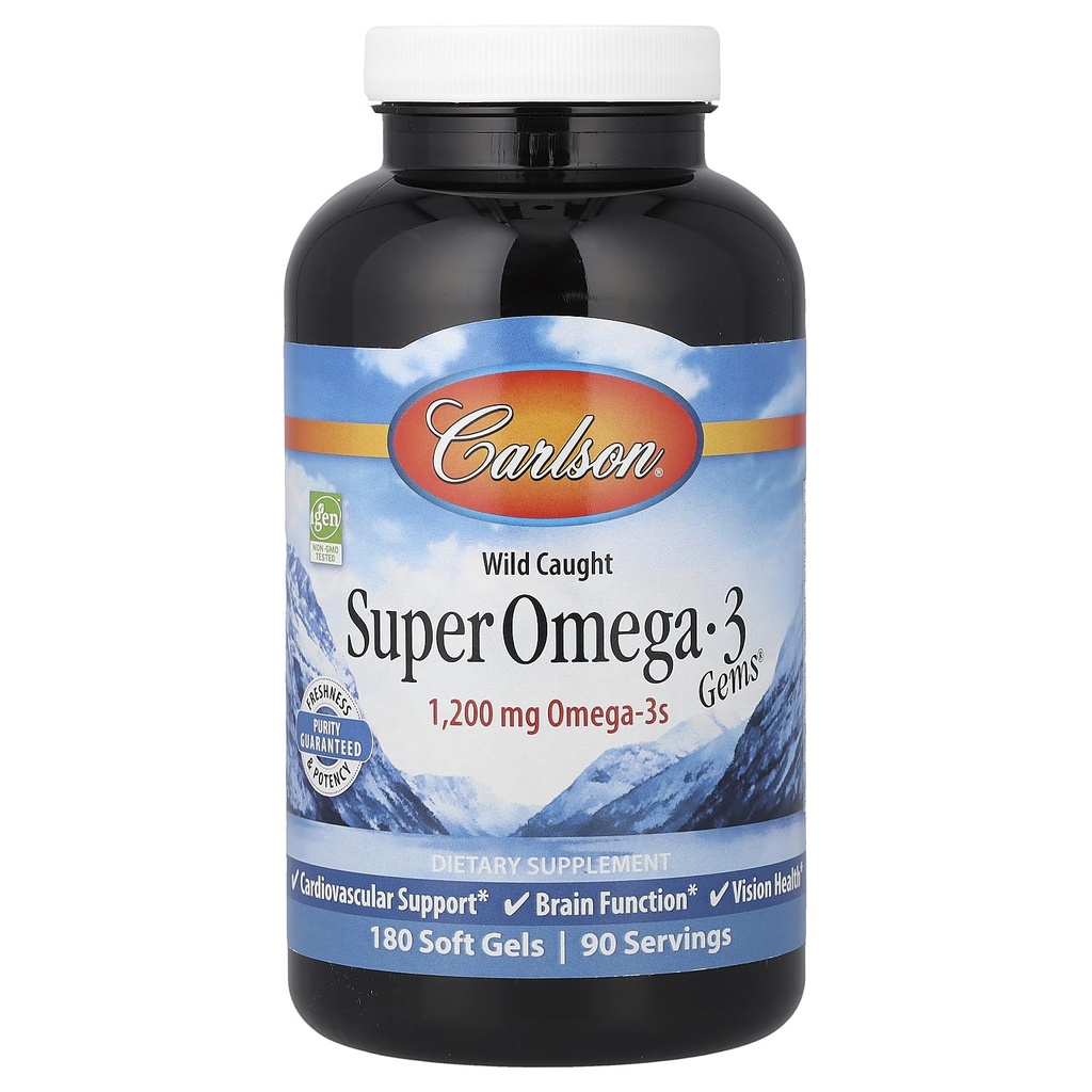 Carlson - Super Omega-3 Gems, 1200 mg Omega-3, soporte cardiovascular, función cerebral " Visión Salud, 180 geles blandos