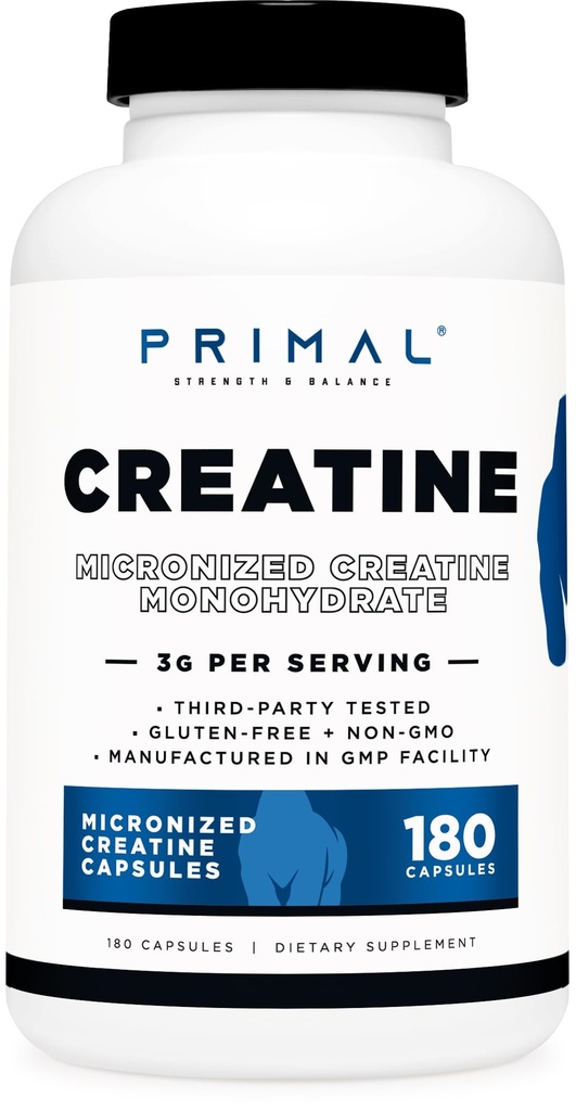 Monohidrato de crema Primal (3.000 Mg, 180 caps) - Suplemento de crema micronizada, 750mg por cápsula, ideal para el trabajo previo y la recuperación - Gluten-Free, non-GMO