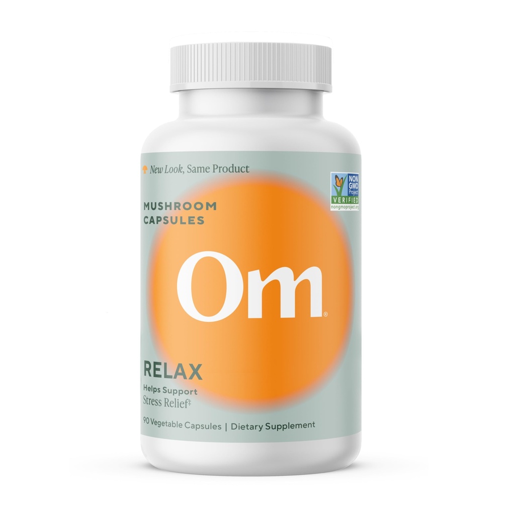 OM MUSHROOM SUPERFOOD Relax Mushroom Capsules, 90 Cuenta, 30 Días, Reishi Mushrooms, Ashwagandha, GABA, L-Theanine, Magnesium, Adaptogens for Stress Support (Formerly Gently Zen, Packaging May Vary)