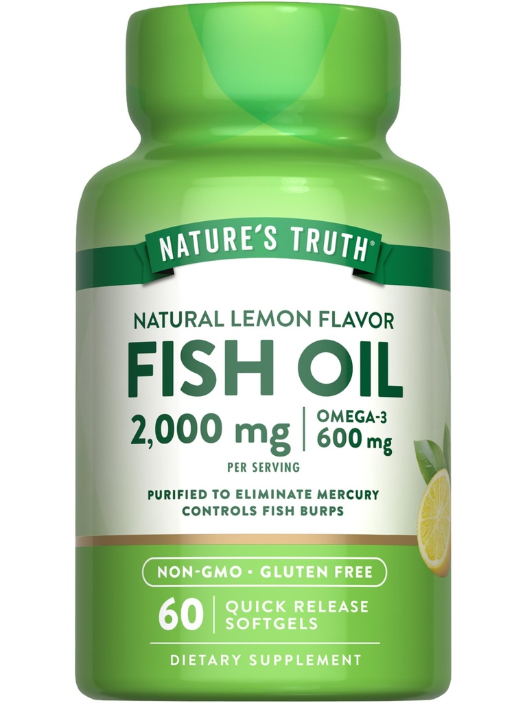 Verdad de la naturaleza Fish Oil Omega 3 Suplemento  2000mg ← 60 Softgels ← EPA &amp; DHA ← Lemon Flavor ← Non-GMO y Gluten Free