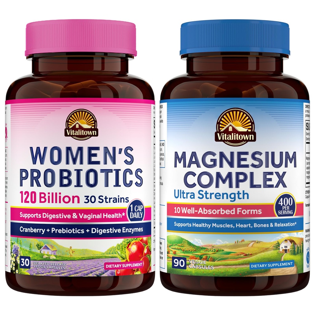 Vitalitown Magnesium + Probiotic Bundle (Pack of 2) TEN 10-in-1 Magnesium Complex " Women’s Probiotics 120 Billion CFUs TEN 90 Magnesium Caps " 30 Probiotic Caps