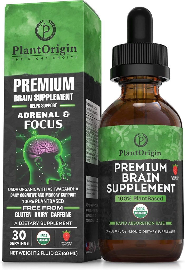 PLANTORIGIN-USDA Suplemento de Cerebro Líquido Orgánico – Tiradas Nootrópicas Basadas en Plantas para Focus, Memoria " Claridad Mental - Vegan, No-GMO, Caffeine-Free, Ashwagandha, Ginseng, Ginkgo, Rhodiola – Made in USA