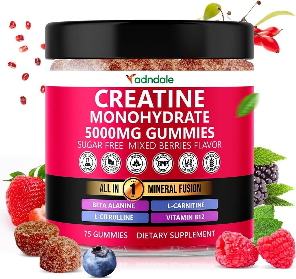 Adndale Creatine Monohydrate Gummies for Men & Women, 5000mg por Serving Creatine Supplement with Beta-Alanine, L-Citrulline & B12-75 Vegan Gummies. Libre de azúcar