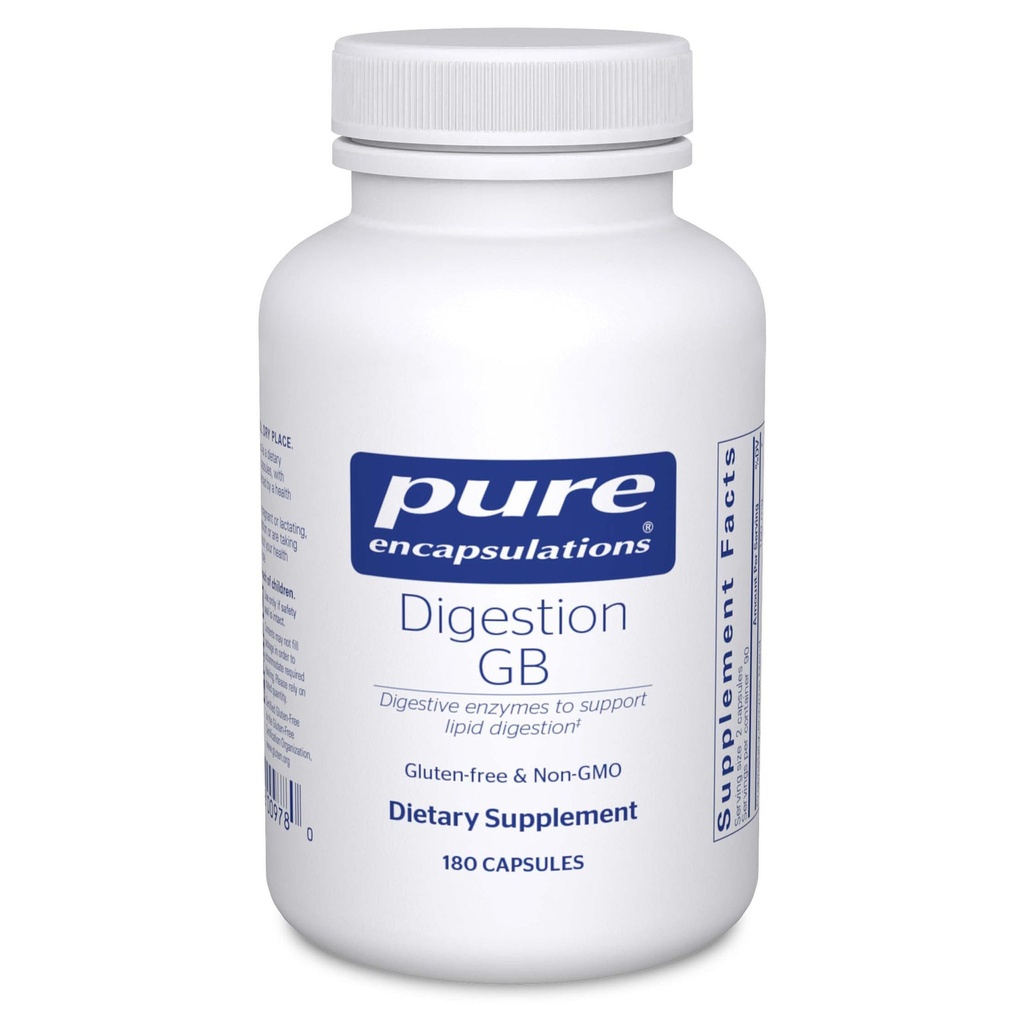 Encapsulaciones puras Digestión GB - Suplemento de Enzima Digestiva - para Gallbladder Support " Gut Health* - con Salts Bile " Enzymes Digestive Blend - Gluten Free " Non-GMO - 180 Capsules