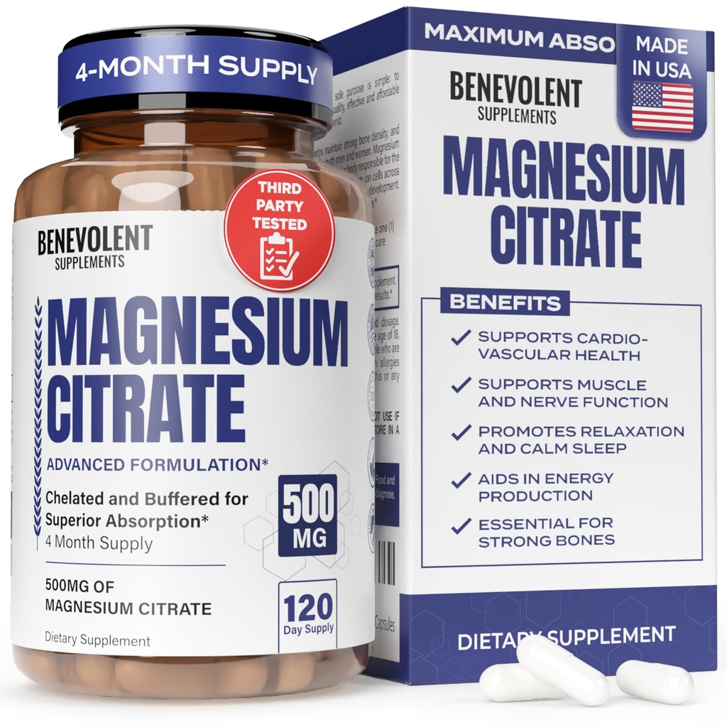 Citrate de Magnesio Premium 500mg Capsules (Citrato de Magnesio) Alta Absorción Fórmula Chelated Buffered Citrate to Support Digestión, Bone, Sleep &amp; Muscle Health - 120 Capsules