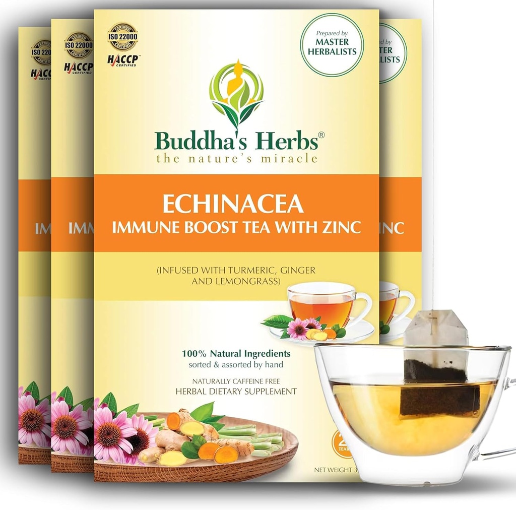 Tea Echinacea Premium con Zinc (Pack of 4, 88 Tea Bags) - Tea Saludable Decaffeinada para Salud Inmuna - Bolsas de té de hierba orgánica w / Ingredientes naturales - Regalos de té ideales para amantes del té