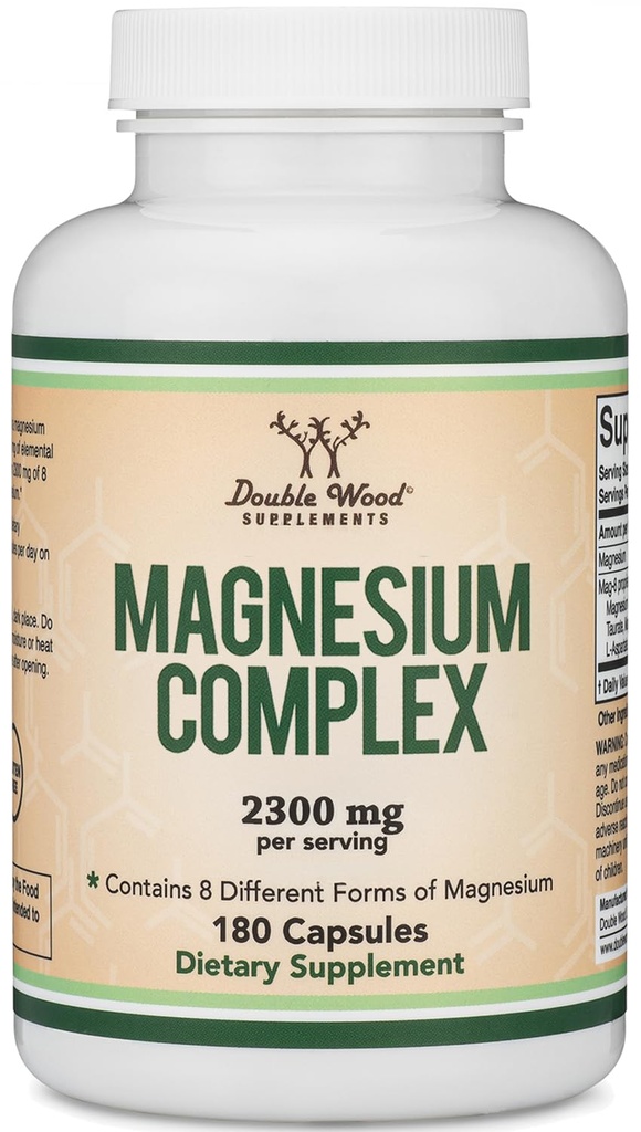 Suplemento Complejo de Magnesio 180 cápsulas (426mg Magnesio Elemental Proveido por 2.300mg de Ocho Formas Diferentes de Magnesio) MAG-8 Proporciona un valor 100% diario recomendado de Magnesio por Madera Doble