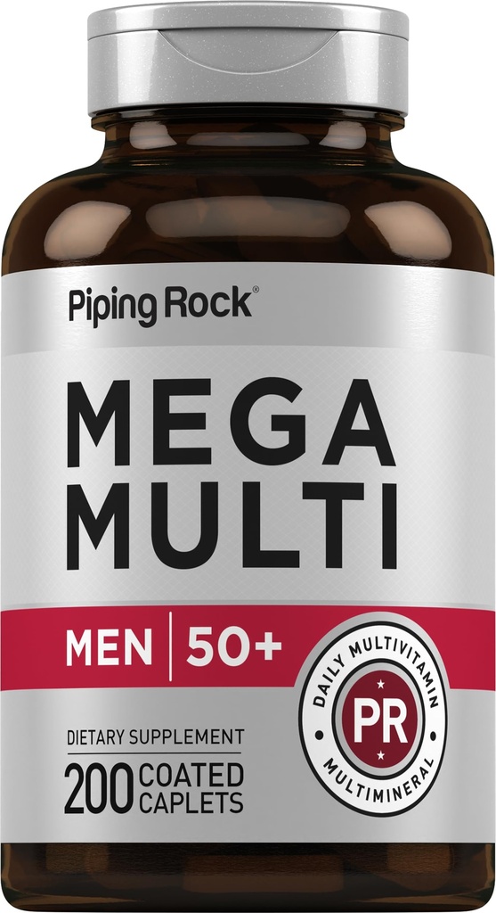 Piping Rock Multivitamin para Hombres Más de 50+ Silencio 200 Caplets Ø Mega 50 Plus Daily Multimineral Silencio con Magnesium, Calcio, Zinc ANTE No GMO, Gluten Suplemento Gratis