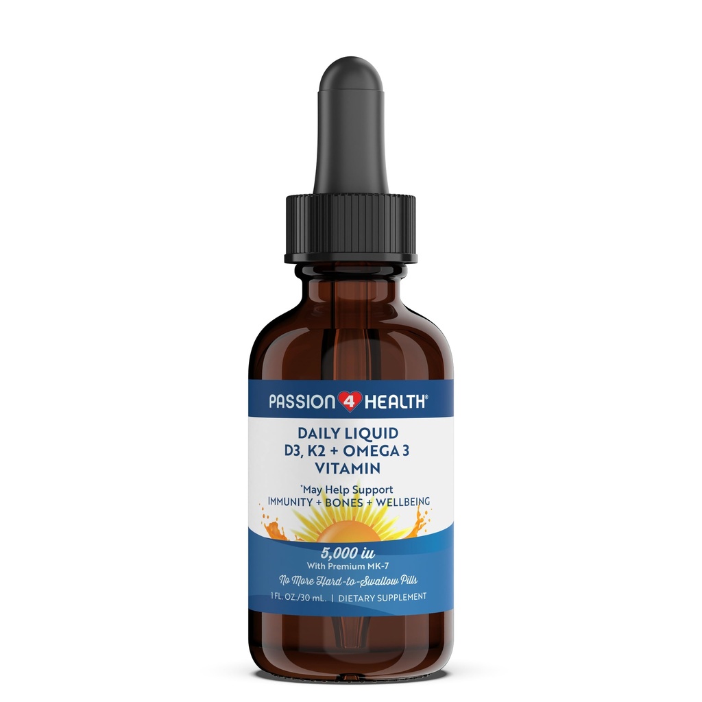 Pasión 4 Salud Vitamina Orgánica Líquida D3 K2 (Mk-7) + Omega 3 Suplemento - Líquida Vitamina D gotas (5000IU) - Soporte para Huesos y Musculos Saludables