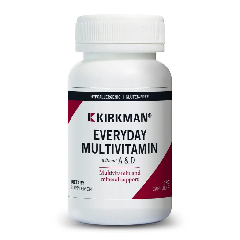 Kirkman - Cada día Multivitamina sin vitaminas A &amp; D - 180 cápsulas - Multivitamina integral - Soporte mineral - hipoalergénico
