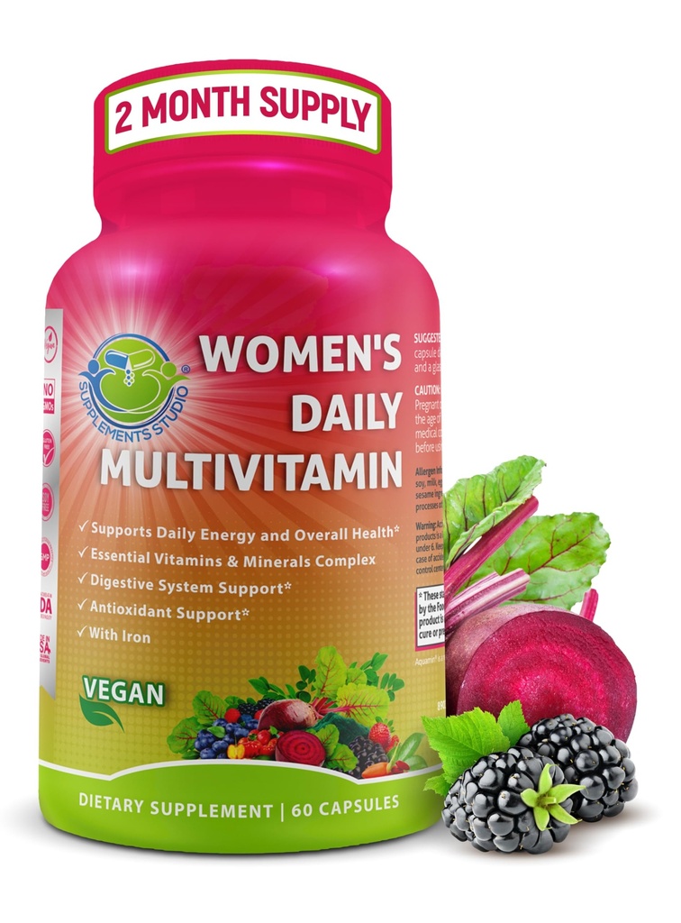 Multivitaminas diarias de mujeres con hierro - Multivitamina metilada vegana para mujeres con biotina, Superalimentos orgánicos, Probióticos, B-Complex - Energía, Gut &amp; Asistencia sanitaria óptima – Fácil de absorber cápsulas
