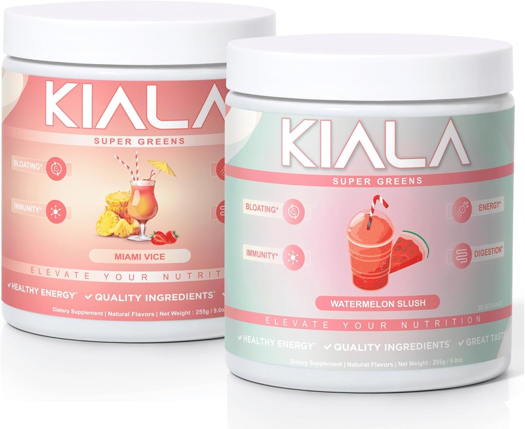 [BRSRAAYRCN5QM3TF] Kiala Nutrition Super Greens, Organic Greens Powder with Spirulina & Clorella for Digestion, Gut Health, Immunity & Energy, Gluten Free, Vegan, Miami Vice + Watermelon Slush, 30 Servings Every