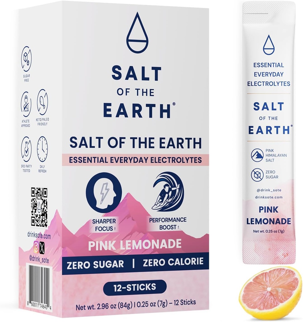 Salt of The Earth Premium Zero-Sugar Electrolyte - Hecho con Rosa Himalayan Salt - Hydration Powder Packets ← Ingredientes Premium TEN Keto & Paleo Friendly TEN 12 Sticks, Pink Lemonade