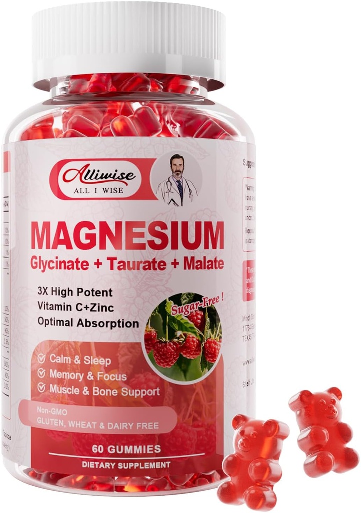 Magnesium Glycinate Gummies,Magnesium Potassium Suplemento con Taurate, Malate, Vitaminas D, C, B6, Calcium,Body Support,Raspberry Magnesium Gummies for Adults Niños