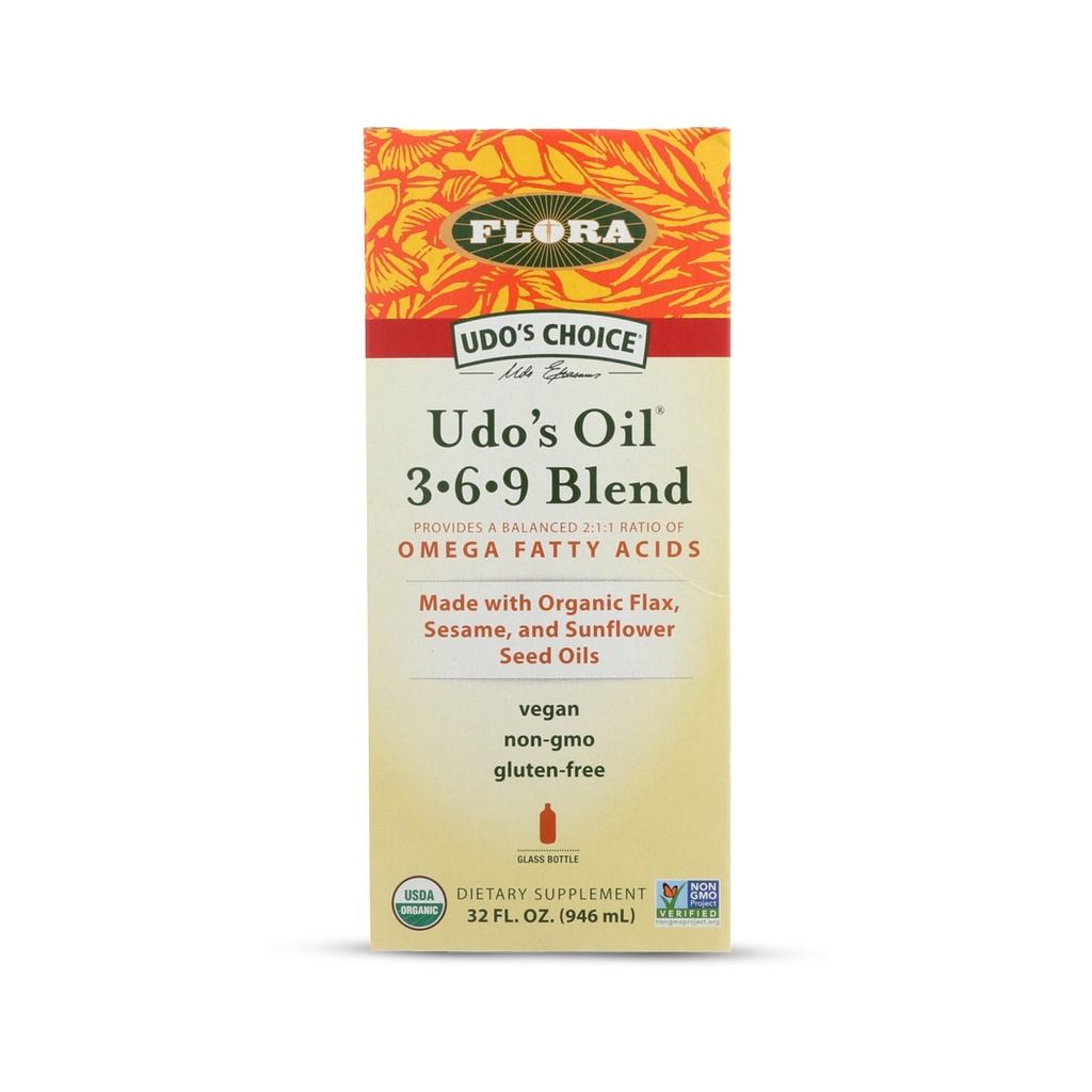 Flora Udo's Oil 3-6-9 Blend - Vegan Omega-3-6, Contiene Coco orgánico, Flax Seed Oil &amp; More - Mantén Chilled - 32 fl. oz.