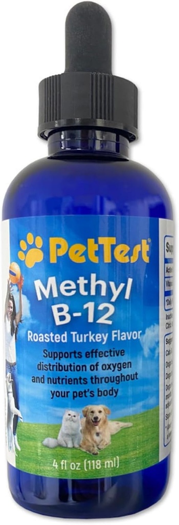 PetTest Methyl B12 Vitamin Liquid Drops 4fl oz (5000 MCG) Suplemento con Metilcobalamina para mascotas diabéticas, máxima absorción para aumentar la energía para perros y gatos