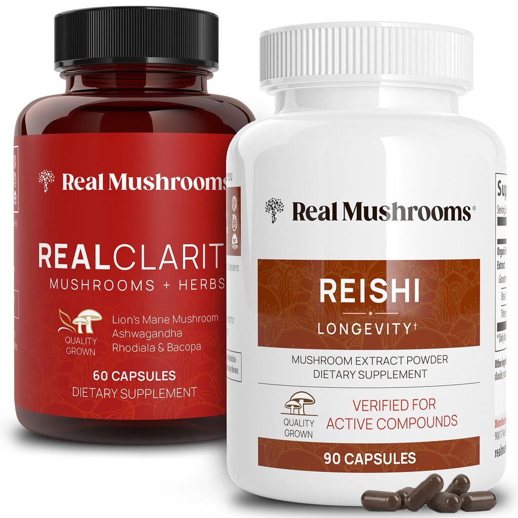 Real Mushrooms RealClarity (60ct) y Reishi (90ct) Capsules Bundle - Mushroom Supplement for Mental Clarity, Focus, Relax, Sleep & Longevity - Vegan, Non-GMO, Verified Levels of Beta-Glucans