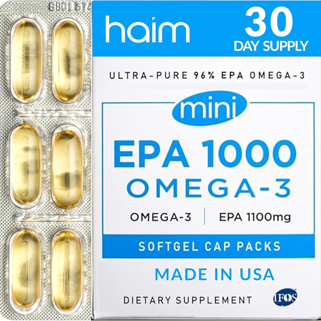 HAIM EPA1000 MINI – Pura EPA Fish Oil Suplemento – 1.100mg Omega-3 para el corazón, cerebro y salud conjunta – alta potencia, Burpless Softgels – pequeñas cápsulas fáciles de cambiar – 60 Softgels – Hecho en EE.UU.