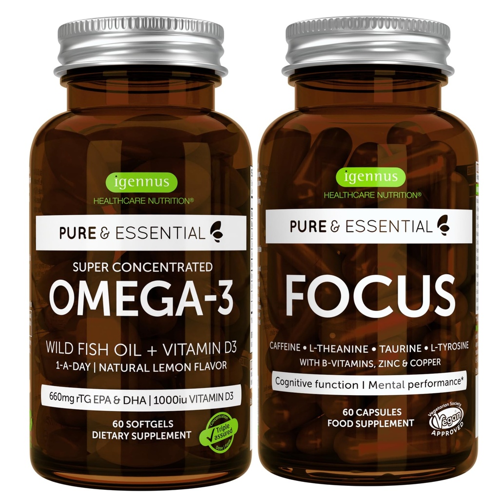 Omega-3 " Vitamin D3 1000iu + Focus Brain Booster Bundle, Fast-Acting 1-a-Day EPA " DHA rTG Wild Fish Oil + Caffeine, L-Theanine, Taurine " L-Tyrosine, B-Vitamins, Zinc " Copper, por Igennus