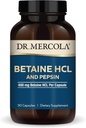 Dr. Mercola Betaine HCL y Pepsin, 30 Servings (90 Capsules), Suplemento dietético, 650mg Betaine HCL Per Capsule, Supports Healthy Digestion, Non-GMO