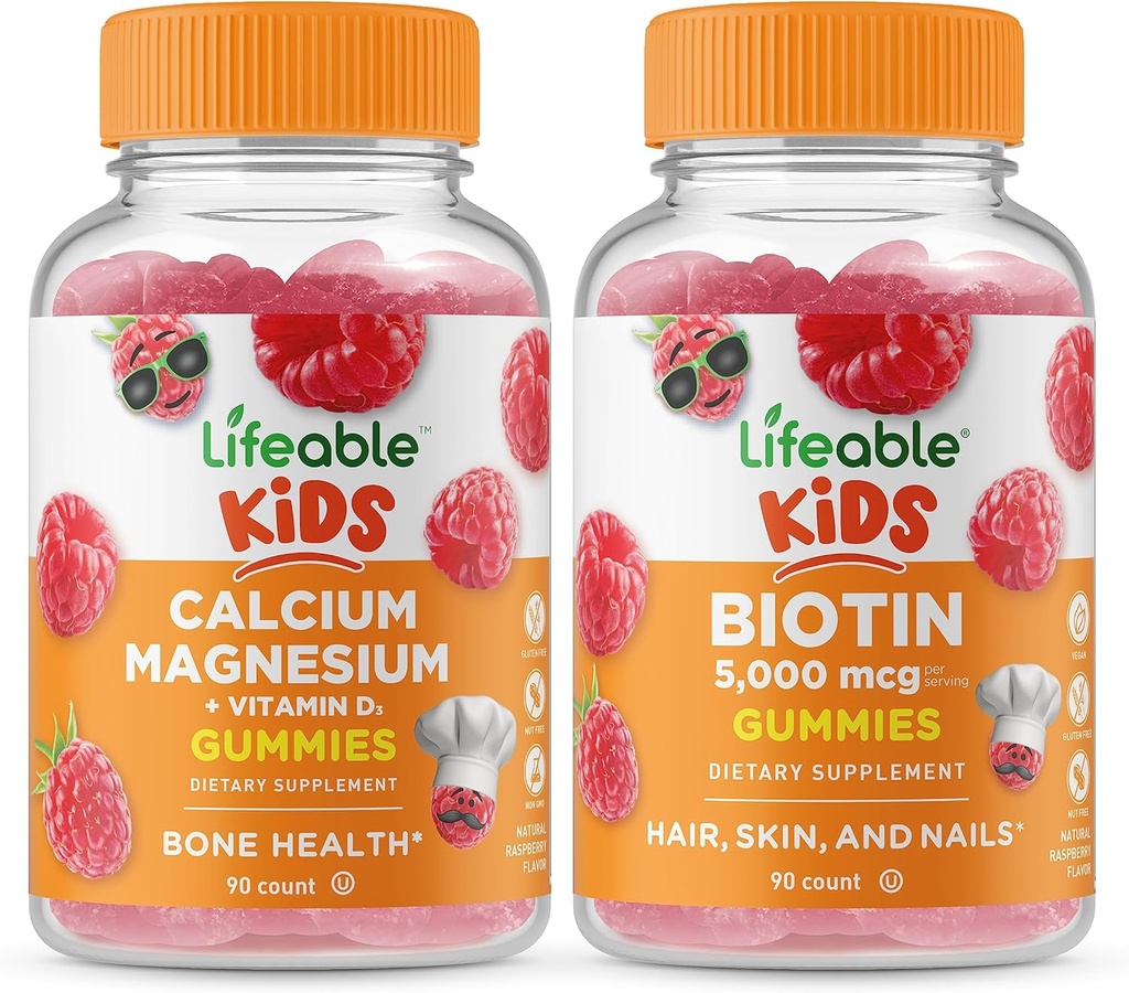 Magnesio de calcio vitalicio Kids + Biotin Kids, Gummies Bundle - Great Tasting, Vitamin Supplement, Gluten Free, GMO Gratis, Chewable Gummy