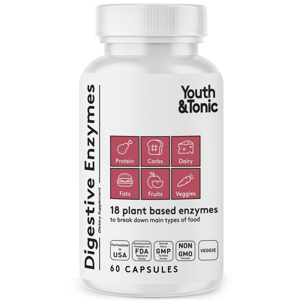 Jóvenes " Enzimas digestivos tónicos con Amylase Bromelain Lipase Lactase Protease Papain - Advanced Digestion Plant Enzymes for Food Breakdown Gas Bloating Gut Health - Mujeres " Hombres - 60 píldoras vegetales