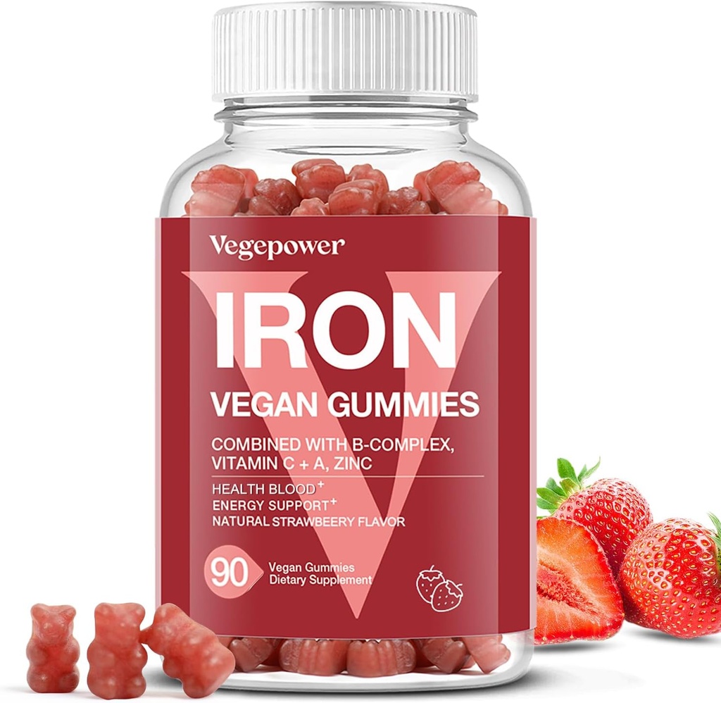 Gummies de hierro Suplementos para niños de mujeres - Multivitamínico con vitamina C para el apoyo energético, Gran dosis de vitaminas de hierro con vitamina C para la absorción máxima - Vegan, Fresa 90 Conde