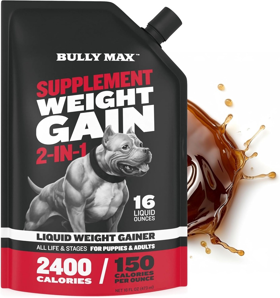Bully Max Liquid Weight Gainer for Dogs – High Calorie Dog Supplement with Omega-3 & Whey Protein – 2-en-1 Multivitamin for Healthy Weight Gain – for Puppies & Adult Dogs – 16 oz