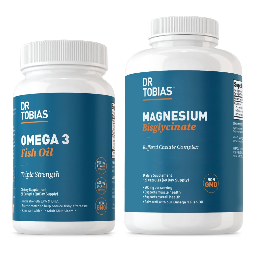 Dr. Tobias Omega 3 Fish Oil &amp; Magnesium Bisglycinate Supplements, High Absorption, Supports Heart, Brain, Immune, Energy, Muscle, Bone & Joint Health, Non-GMO