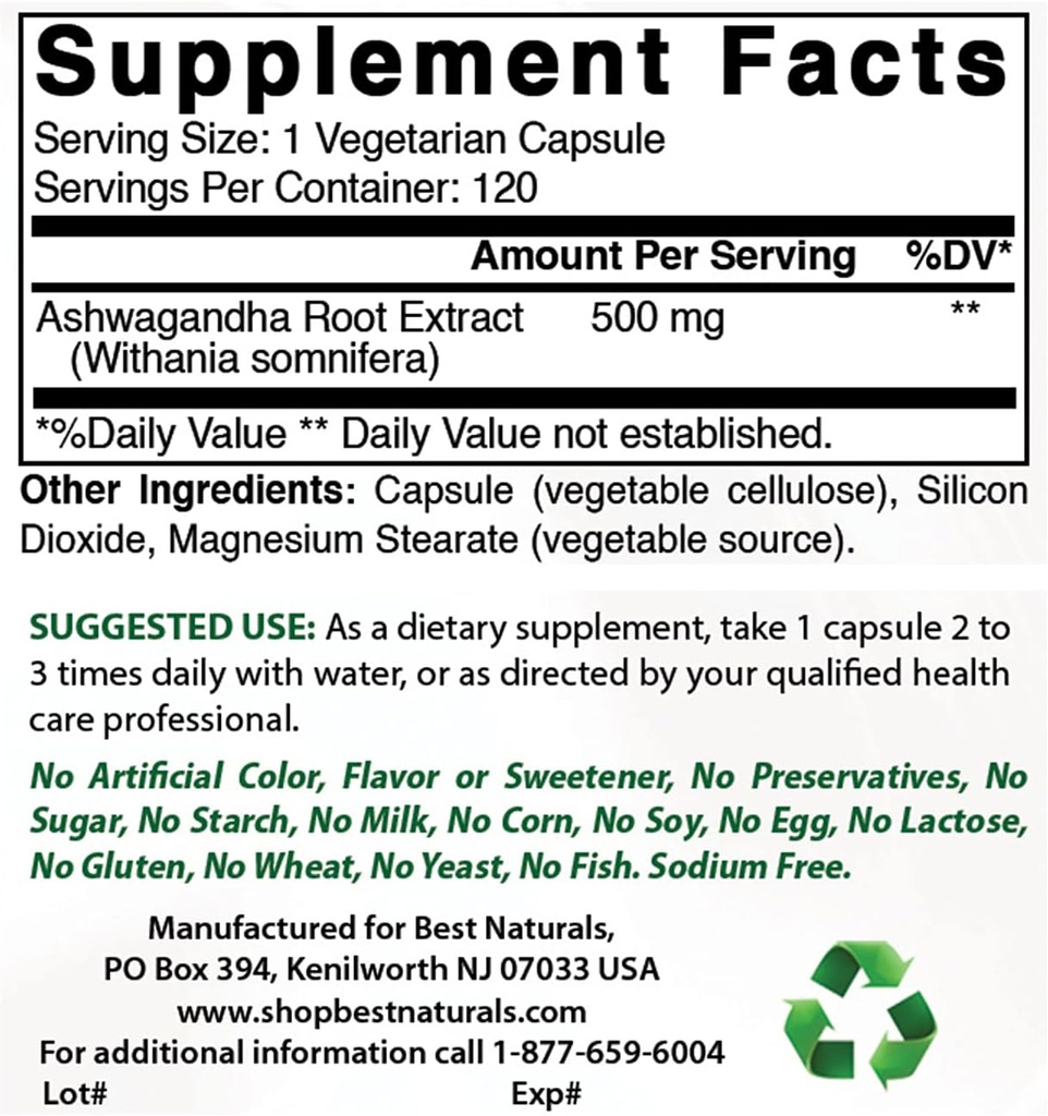Mejores Naturales Ashwagandha Extracto 500 mg de óxido de magnesio 500 mg