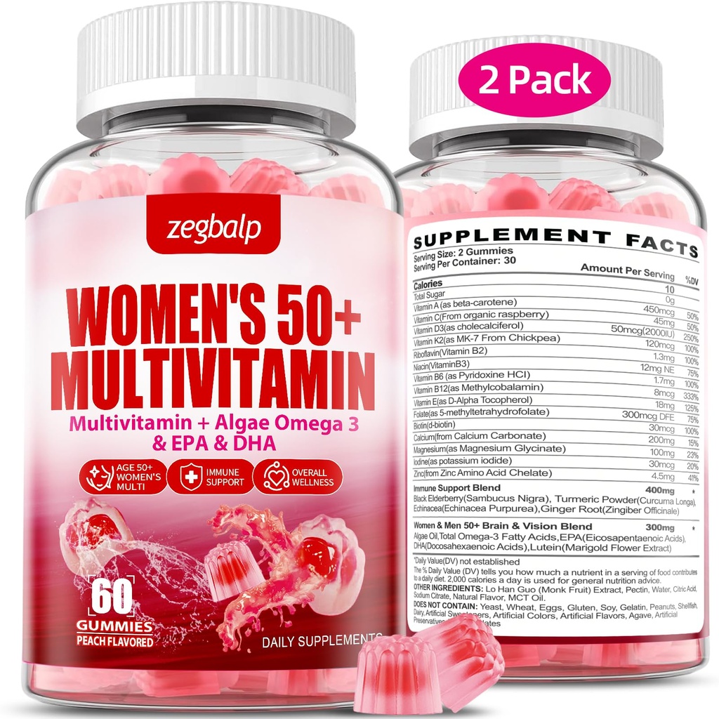 Mujeres libres de azúcar Multivitamina 50 Plus Gummies con Calcio, Magnesio, Zinc, Vitamina A, C, D3, E, K2, Complejo B, Folate, Biotina - Multi vitaminas &amp; minerales para la piel, energía, apoyo inmunológico