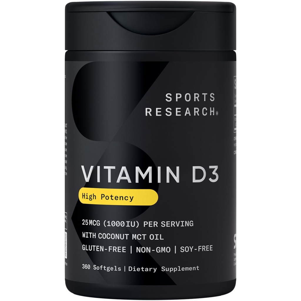 Investigación Deportiva Vitamina D3 1000iu (25mcg) Infundida con aceite de coco ~ Immune &amp; Bone Support ~ Non-GMO Verified, Soy &amp; Gluten Gratis (360 Mini Liquid Softgels)