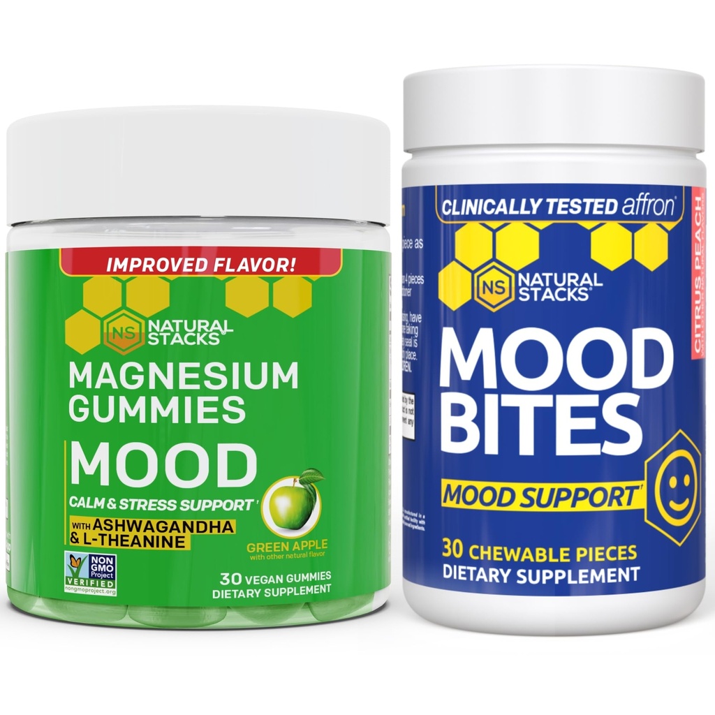 NATURAL STACKS Mood Bites + Mood Magnesium Gummies Bundle - Positivo Mood & Stress Support* - 60 Chewables