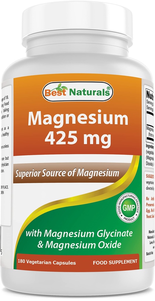 Mejores Naturales Magnesio 425 mg 180 Veggie Capsules - High Absorption Magnesium Glycinate & Magnesium Oxide Chelated, Non-GMO, Gluten Free Muscle Relax (180 Conde (Pack of 1))