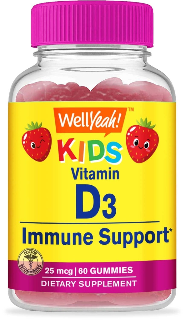 WellSí Niños Vitamina D3 Gummies - 1000 UI (25 mcg)- Apoyos Fortaleza ósea e inmunidad - No Gluten-Free - Sabor de frambuesa - Suplemento nutricional - 60 Servimientos