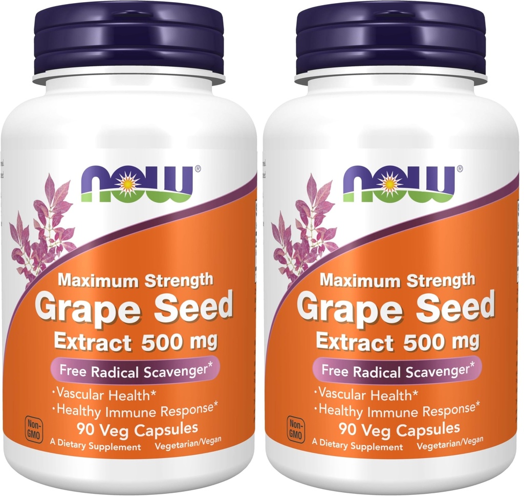 AHORA Suplementos, Grape Seed Extract, Maximum Strength 500 mg (un Extracto Altamente Concentrado con un Mínimo de 90% Polyphenols), 90 Veg Capsules, Rojo/Brown, 0.25 libras (Pack de 2)
