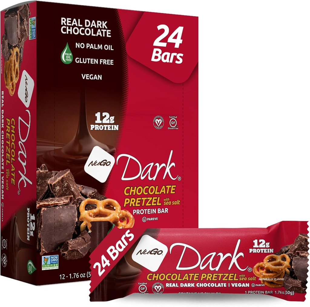[BRSWGBD6BMBAIYLD] NuGo Dark Chocolate Pretzel and Sea Salt, 12g Protein Bar, Vegan, Gluten Free, Non-GMO, Kosher Pareve, 24 Conde