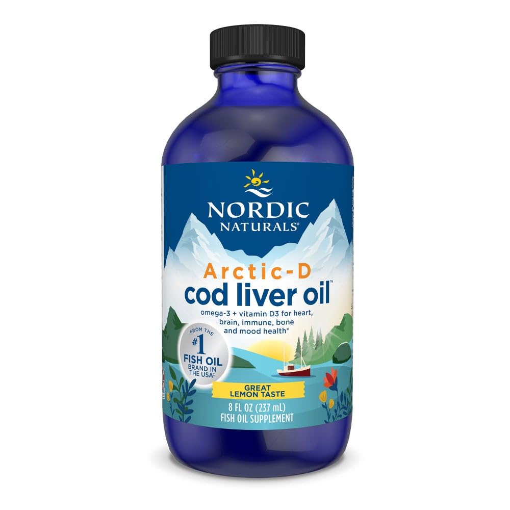 Naturales nórdicos Aceite de hígado de bacalao Ártico-D, Lemon - 8 oz - 1060 mg Total Omega-3 + 1000 UI Vitamina D3 - EPA & DHA - Heart, Brain, Bone, Immune &amp; Mood Support - Non-GMO - 48 Servimientos
