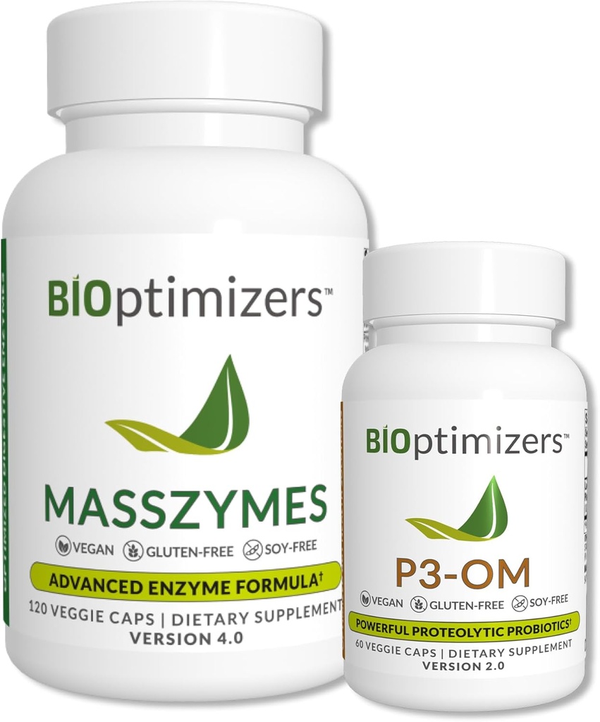 BiOptimizers - P3-OM y MassZymes Bundle - Enzimas y Probióticos Digestivos Premium para Mujeres y Hombres - Doctor-Formulado (120 MassZymes Capsules, 60 P3-OM Capsules)