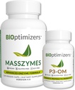 BiOptimizers - P3-OM y MassZymes Bundle - Enzimas y Probióticos Digestivos Premium para Mujeres y Hombres - Doctor-Formulado (120 MassZymes Capsules, 60 P3-OM Capsules)