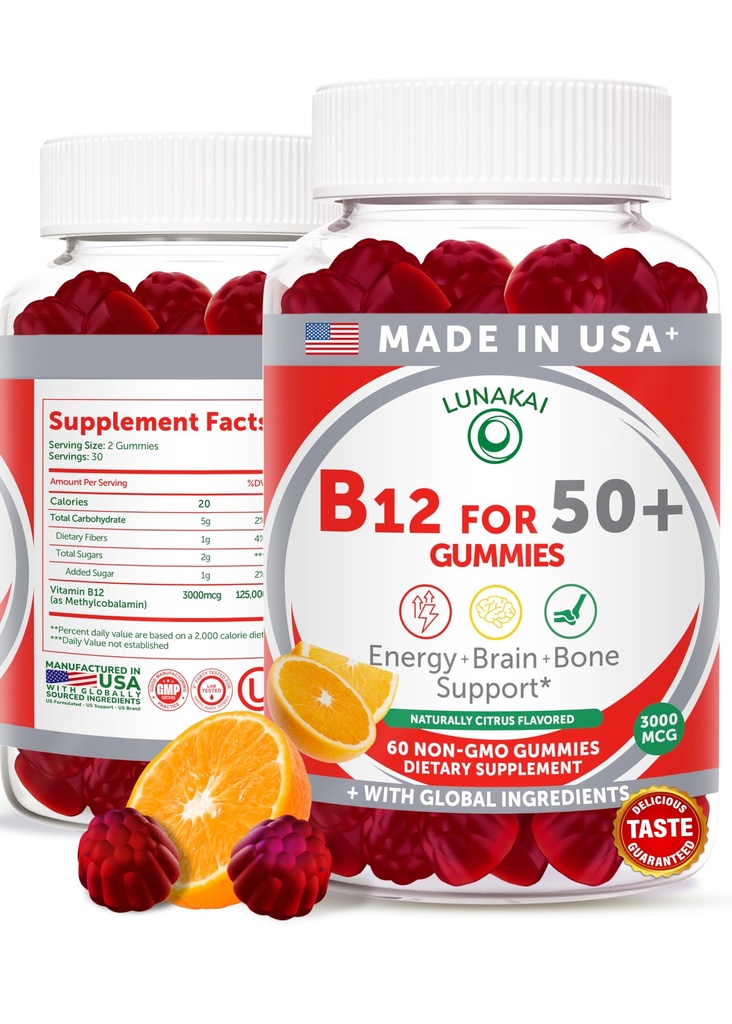 Lunakai USA Made Vitamin B12 Gummies for Adults 50+, Non-GMO B12 for Energy & Vitality Boost, Delicious Citrus Flavor, 60ct