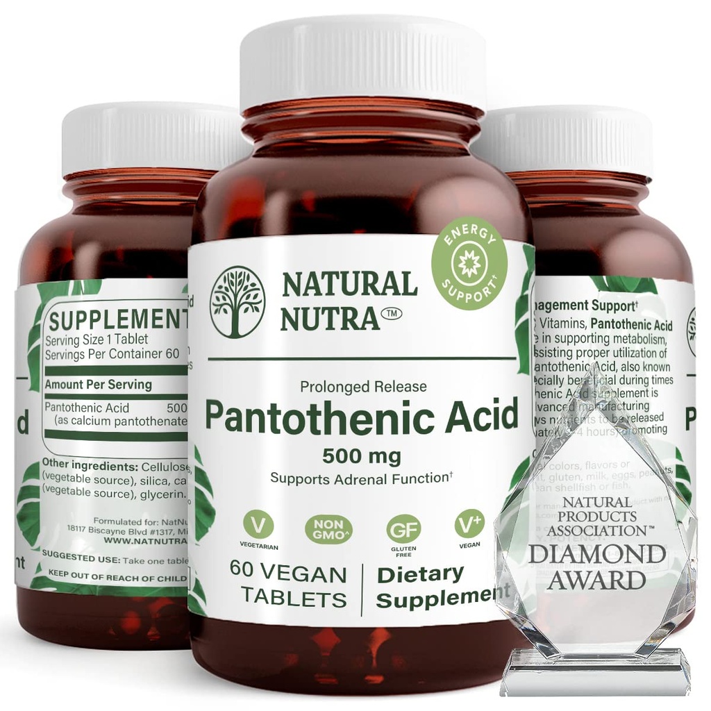 Natural Nutra Time Release Pantothenic Acid 500 mg, Vitamina B5 Suplemento Ayuda a romper grasas y carbohidratos, metabolismo y energía, mejorar la salud muscular, reducir manchas de piel, 60 tabletas vegetarianas