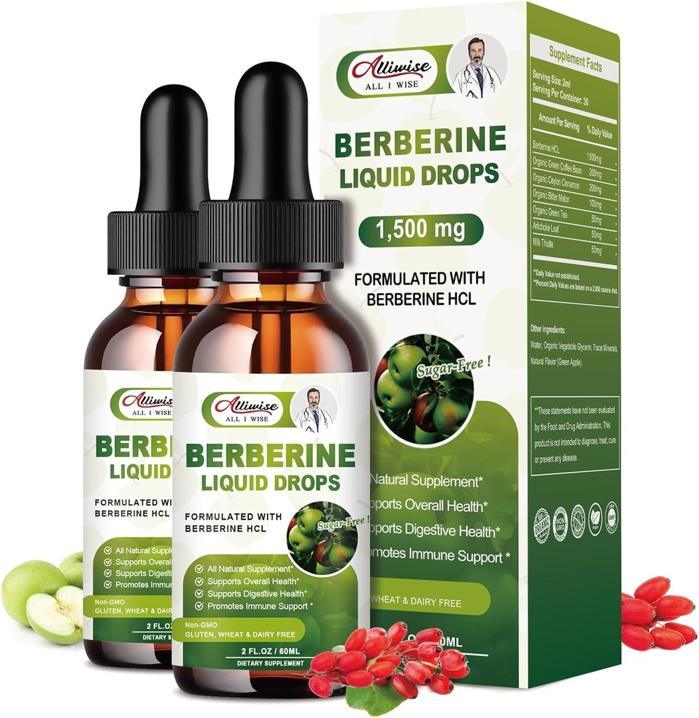 2 Pack Berberine Suplemento Liquid Drops for Immune System & Digestive System Supports -Premium Berberine HCL 1500mg with Pure Ceylon Cinnamon -4 Fl Oz
