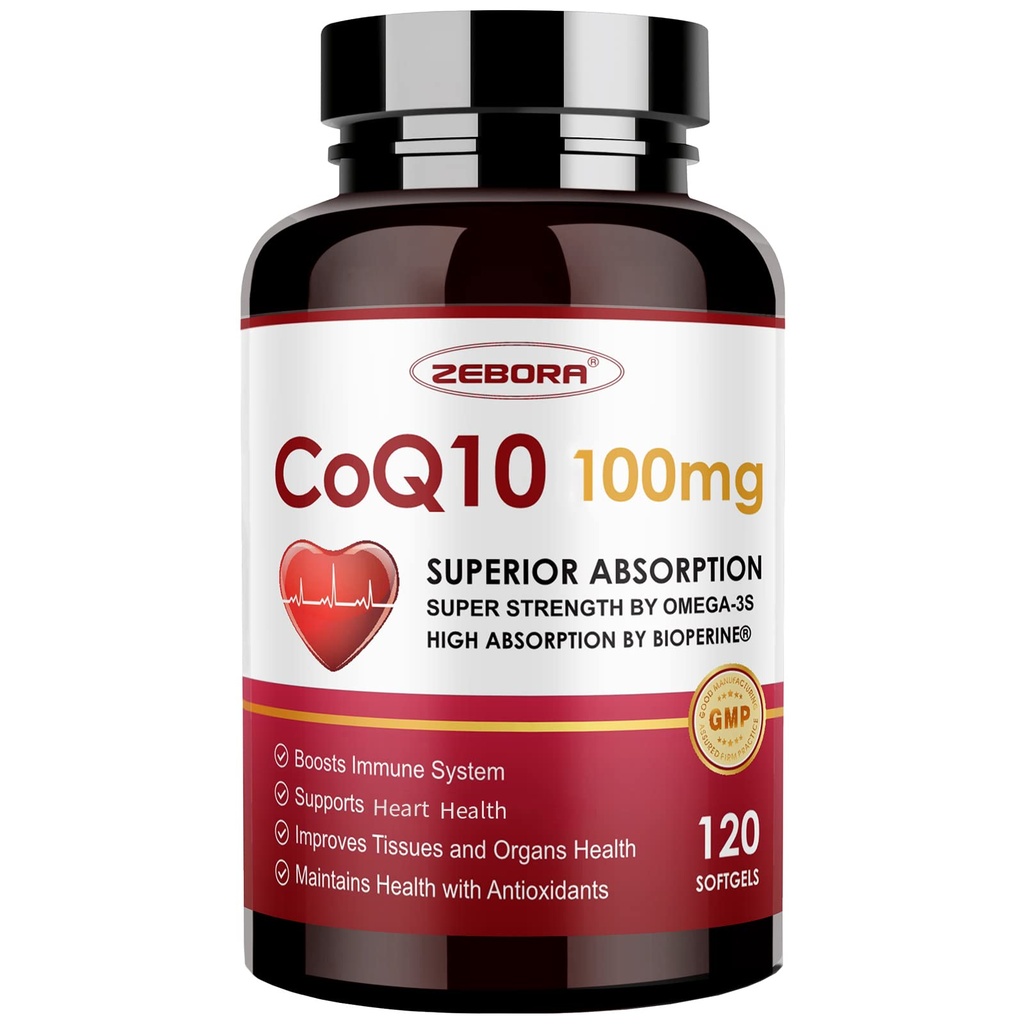 ZEBORA CoQ10-100mg-Softgels con PQQ, BioPerine &amp; Omega-3, Coenzima de alta absorción Q10 Suplemento, Potente Antioxidante, Corazón de apoyo &amp; Energía-producción 120 Serviciones, No GMO