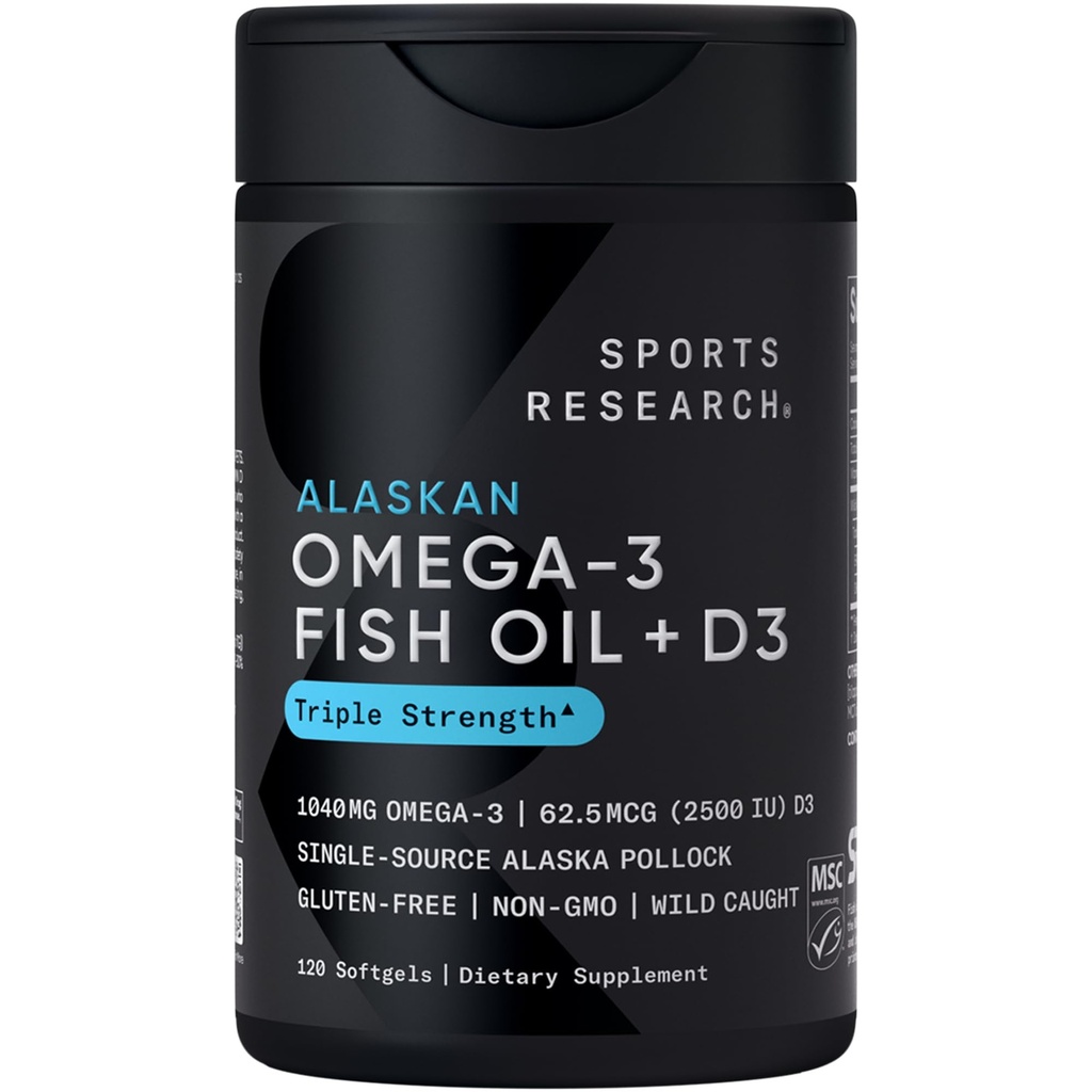 Sports Research® Alaskan Omega-3 Fish Oil 1040mg + Vitamin D3 2500iu - Soportes Brain & Heart Health - MSC Certified Sustainable · Wild-Caught · Non-GMO · Triglyceride Form - 120 Conde Softgels