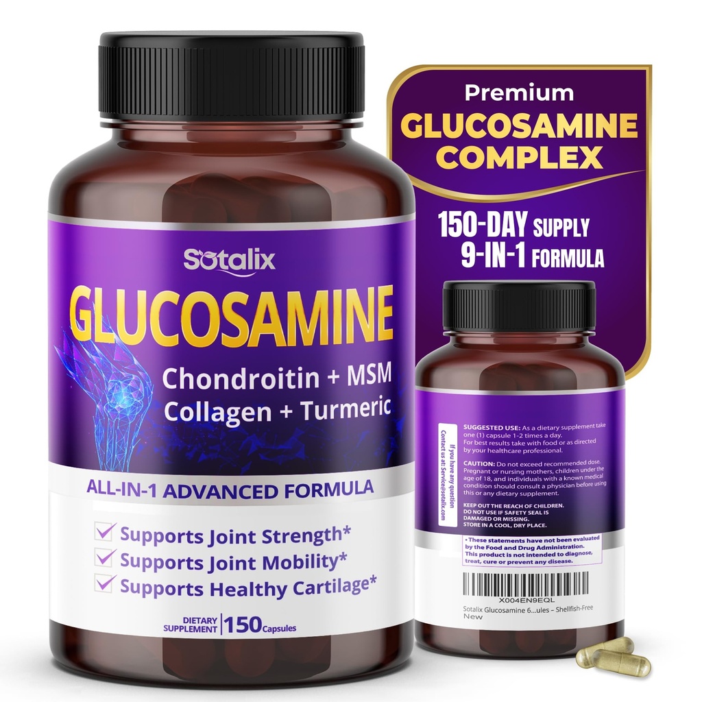 Sotalix Glucosamine 650mg – All-in-1 Joint Support with Chondroitin, MSM, Collagen, Turmeric, Vitamin D3 " Hyaluronic Acid – 150 cápsulas – Shellfish-Free – Made in USA
