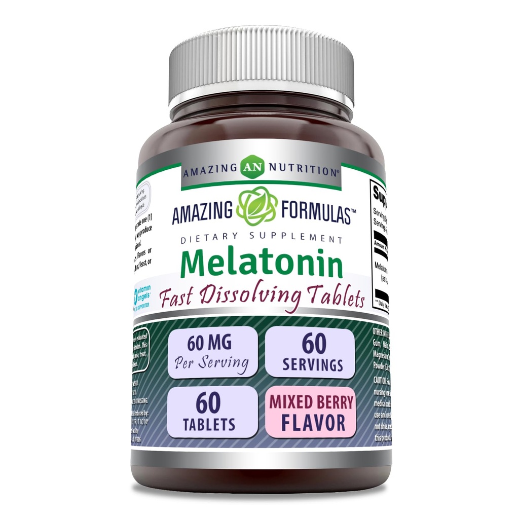 Amazing Fórmulas Melatonin Fast Dissolving Suplemento ← 60 Mg per Serving ← Berery Flavor mezclado 60 Tablets ← Non-GMO TEN Gluten-Free TEN Made in USA