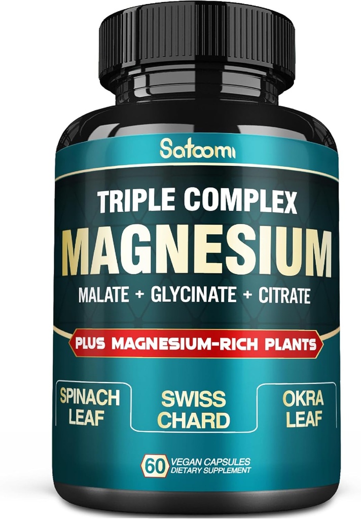 Pure Magnesium Glycinate 500mg Capsules - Alta Absorción con Complejo de Suplemento de Magnesio Triple con Glycinate, Malate, Citrato - Corazón de Apoyo, Cerebro Conjunto - 60 Pills Vegan