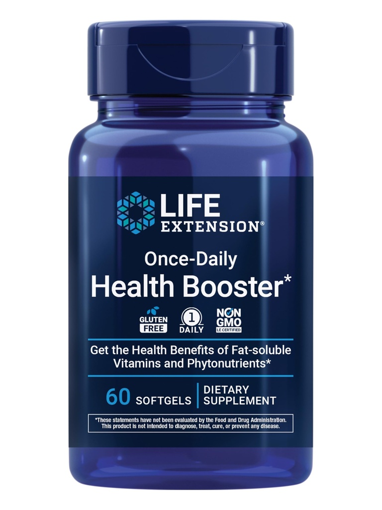 Extensión de la vida Booster de salud una vez por día - Suplemento de vitaminas " Nutrientes para la salud integral - Complejo de vitamina K, vitamina E, azafrán, luteína y más - No GMO, libre de gluten - 60 Softgels